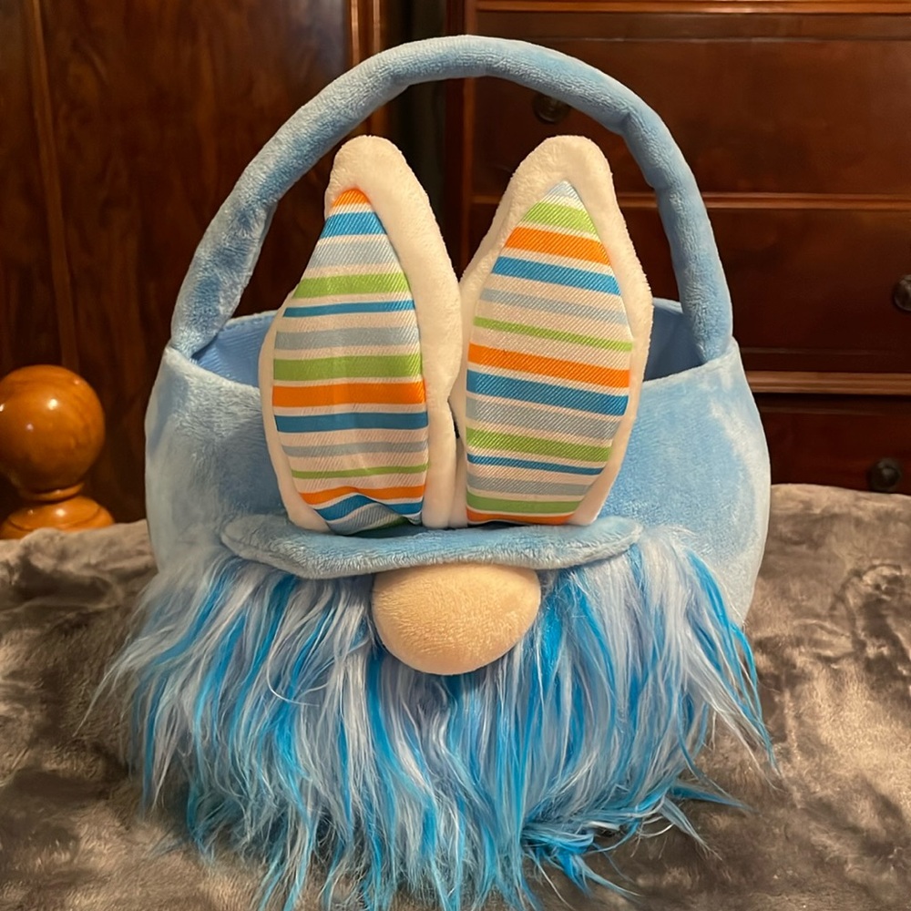 Stuffed fabric Blue Gnome easter basket- he has pointed striped ears w/a beard